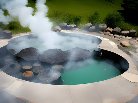 hot spring with steam and hot spring springの素材