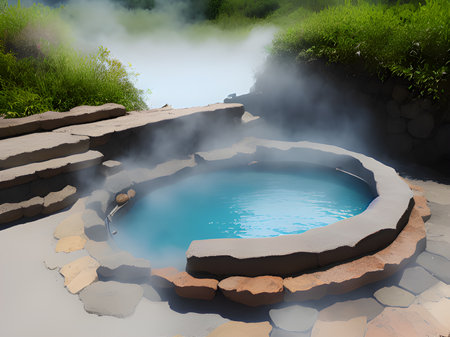 hot spring with steam and hot spring springの素材
