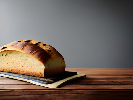 homemade loaf of bread on a wooden board. bread on the table with a copy space.の素材