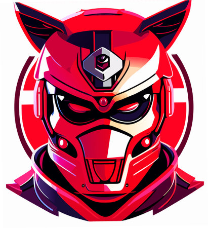 logo of robot helmet with red and black background.