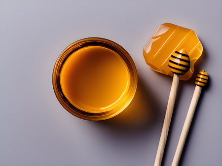 glass bowl of honey with wooden stick on white background.の素材