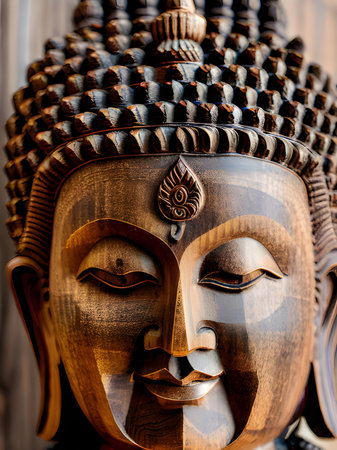 close - up of a beautiful buddha face in the templeの素材