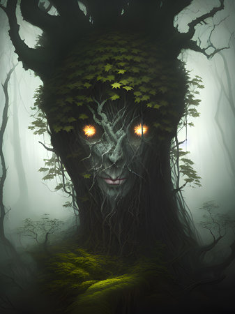 a scary halloween night with a spooky tree in the middle forestの素材