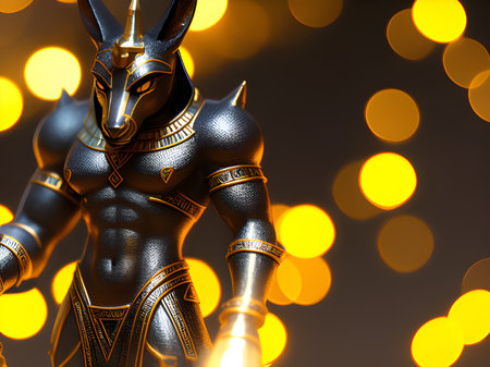 3d illustration of a futuristic figure of a robot with golden lights on a black backgroundの素材