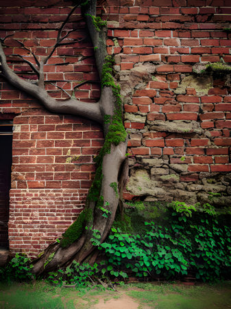 old brick wall with ivy and roots banyan treeの素材