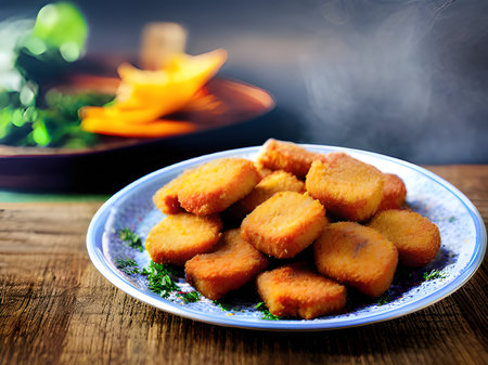 fried chicken nuggets and sauce on a wooden plateの素材