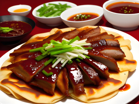 a cuisine photo of fried duck with vegetables sauceの素材
