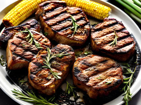 grilled steak and corn on wooden backgroundの素材