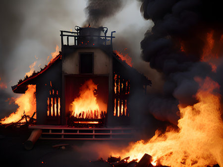 fire burning house in the nightの素材