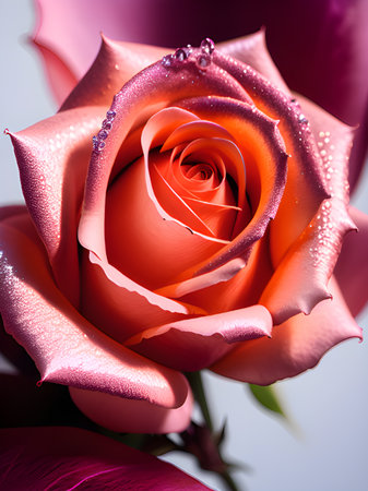 beautiful red rose with dew drops on a pink backgroundの素材