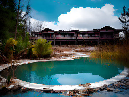 beautiful landscape with a abandoned pool in the park with abandoned buildingの素材