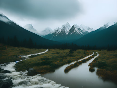 beautiful landscape with mountains and cloudsの素材