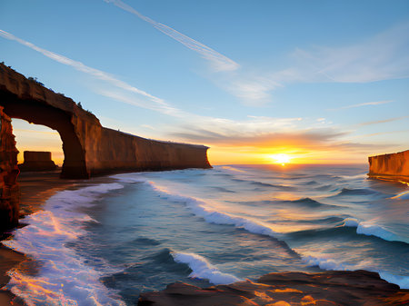 the sunset at the ocean and cliffの素材