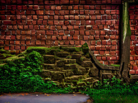 old brick wall with green ivy and rootの素材