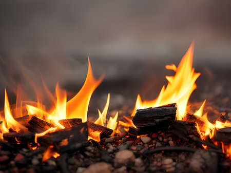 close up of burning wood in the fireplaceの素材