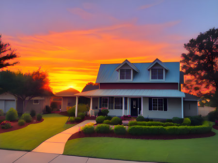 a beautiful view of a sunset with a large house on a backgroundの素材