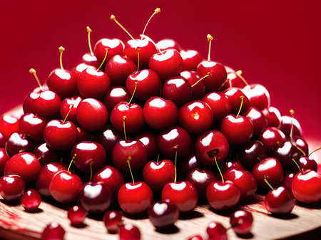 group red cherries on red backgroundの素材