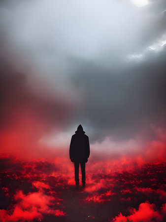 silhouette of a man in a dark skyの素材