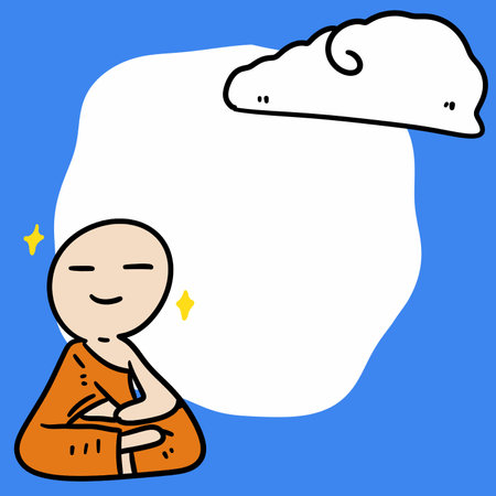cute cartoon monk with white cloudsの写真素材