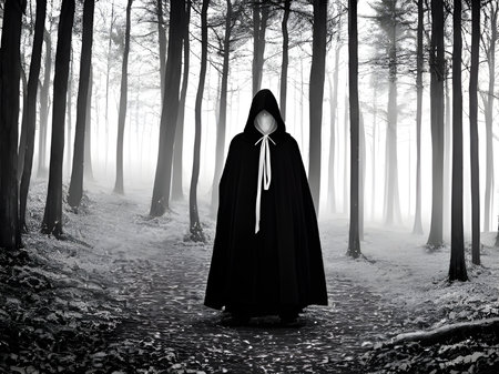 man in black dress and mask on the background of forestの素材