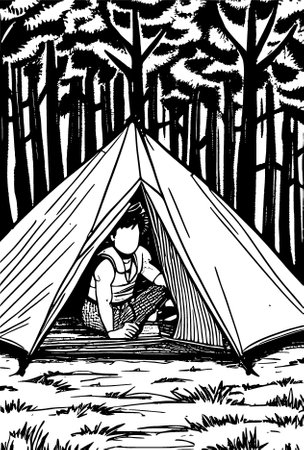 man with tent camping cartoon , illustrationの写真素材