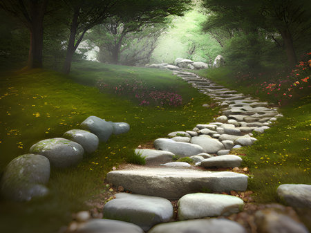 stone path covered in autumn foliage up in the forestの素材