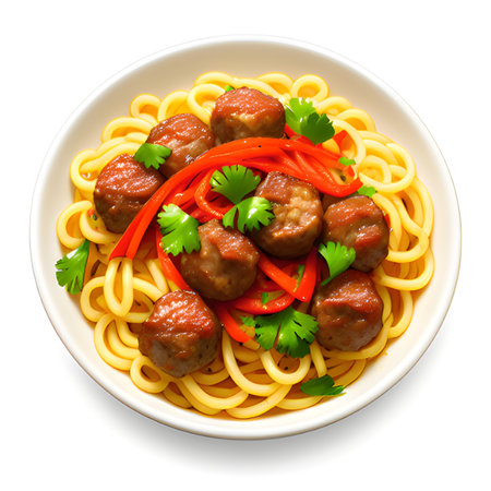 spaghetti with meatballs on white dishの素材