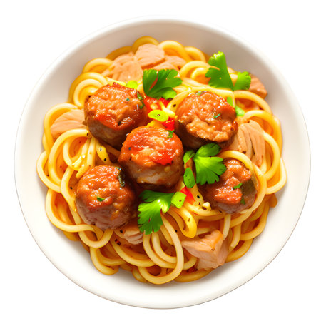 spaghetti with meatballs on white dishの素材