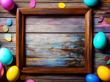 easter eggs in a nest on a old wooden background. top view. copy space for your textの素材