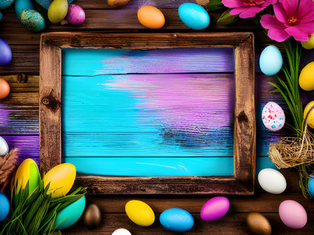 easter eggs in a nest on a old wooden background. top view. copy space for your textの素材