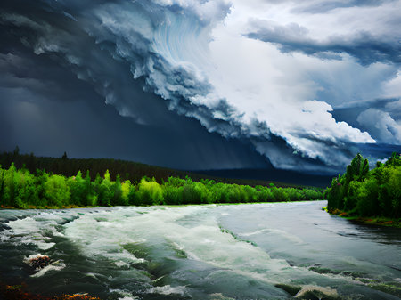 storm clouds over the river.の素材