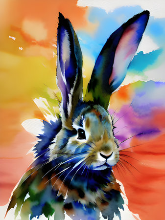 watercolor illustration of a rabbit in a rainbowの素材