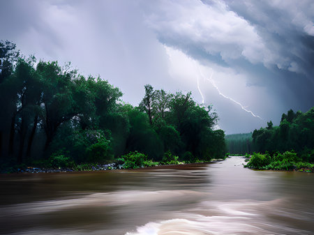 storm clouds over the river.の素材