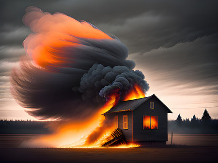 3d illustration of burning house with smoke and fire in the evening skyの素材