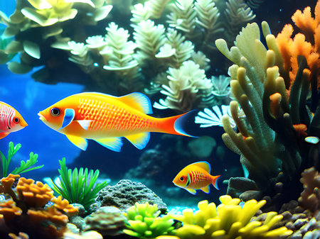 Beautiful symbiosis of group of fishes in coral reef aquarium tankの素材