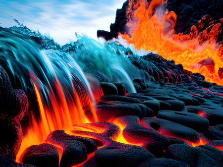 Ocean waves with lava and fire, dark smoke rises to the top.の素材