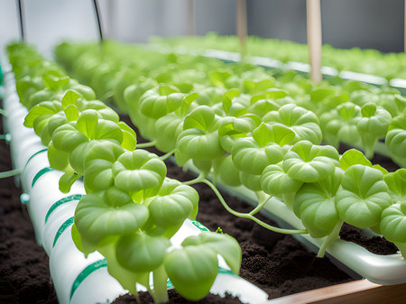 hydropononic vegetable growing in greenhouse.の素材