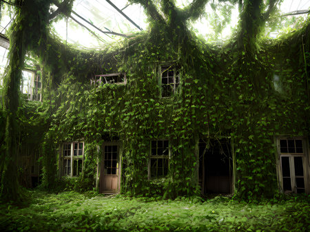 fantasy forest house with green plants and treesの素材