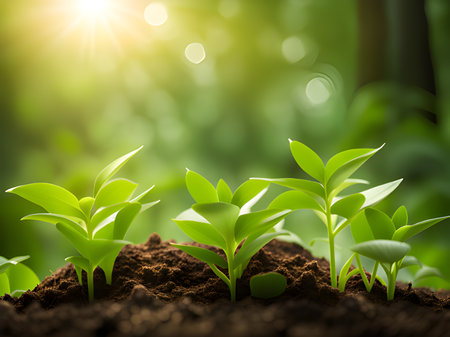 green sprout growing in soil.の素材
