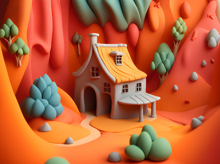 cartoon scene of colorful house in the mountains with a hole in the background - 3d renderの素材