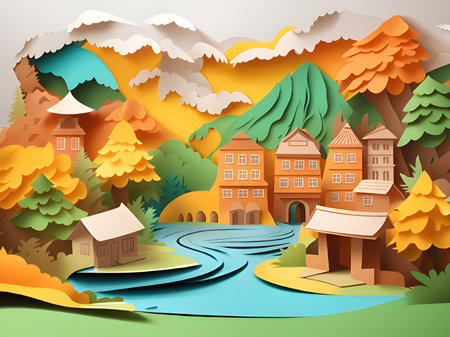 colorful houses in the village with river , paper cutの素材