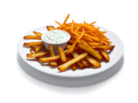 french fries with sauce and sour cream isolated on whiteの素材
