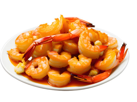asian style shrimp with sauce isolated on the white backgroundの素材