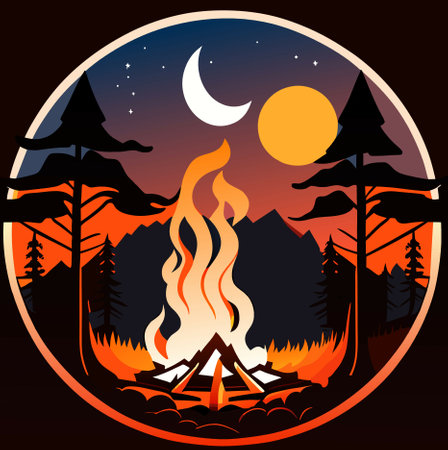 campfire and mountains in the forestの写真素材
