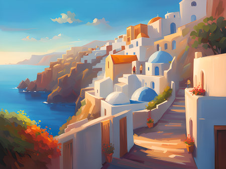 greek island in santorini, greek island with beautiful sunset in background.の素材