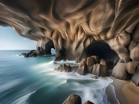amazing seascape with rock formations on the island of madeira, portugal.の素材