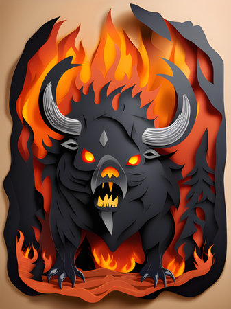 black and white bull with horns and fire. paper cutの素材