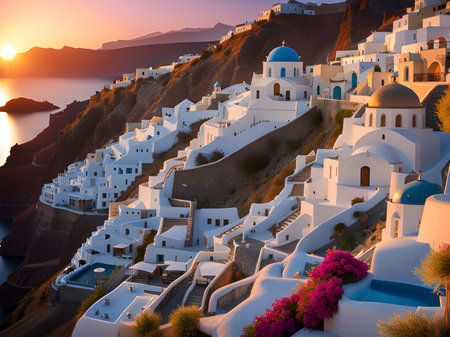 beautiful sunset on santorini island, greece