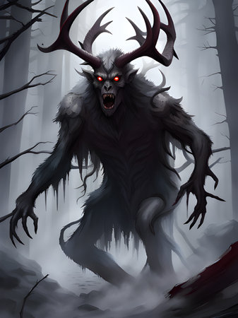 illustration of a evil deer monster with a big horns in the forestの素材