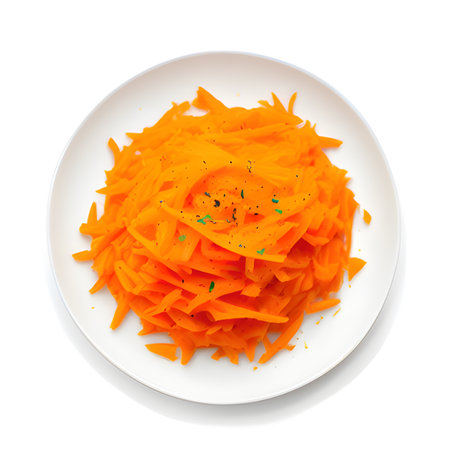 plate with delicious carrots isolated on whiteの素材